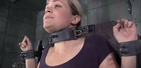  Breastbound sub restrained on fuck machine